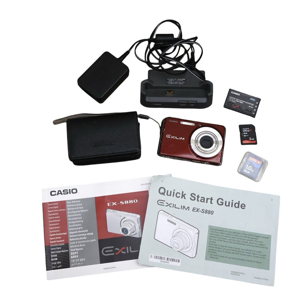 Vintage Casio Exilim EX-S880 Red Point and Shoot Digital Camera Bundle WORKS